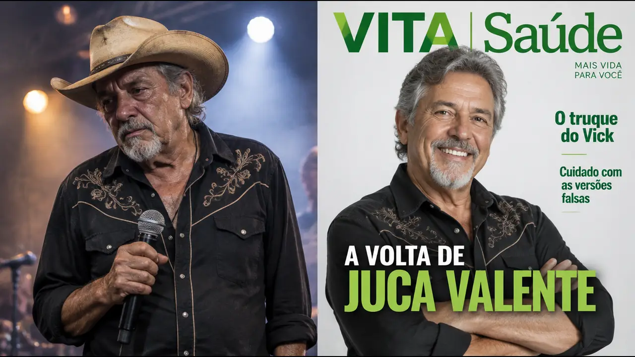 Juca Valente abatido no palco, ao lado da capa da VITA | Saúde com a chamada A volta de Juca Valente