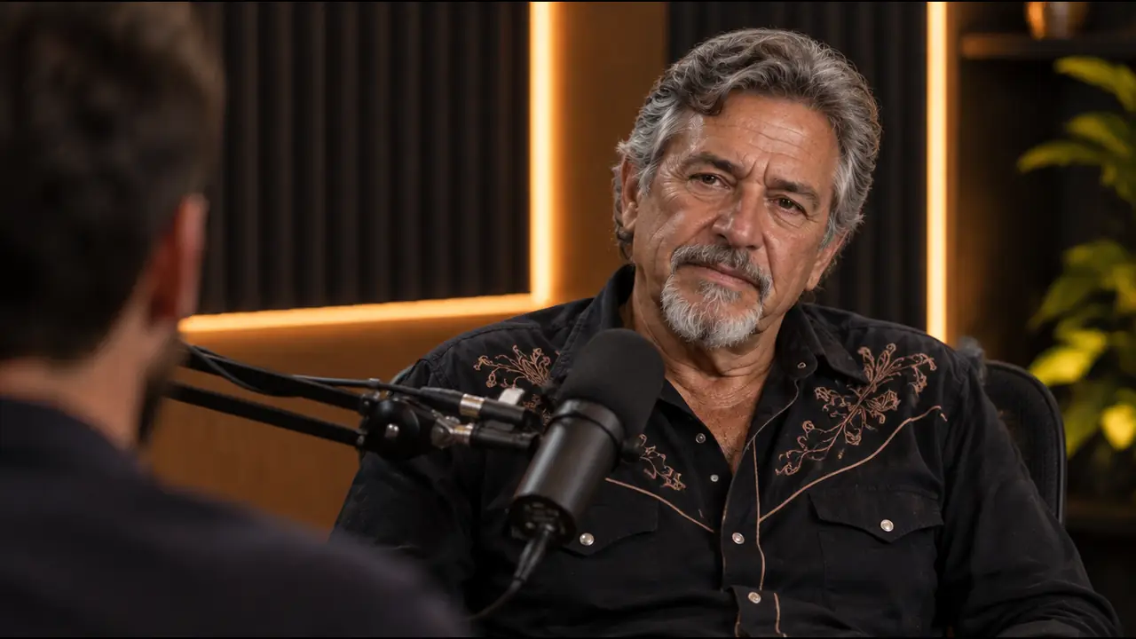 Juca Valente no estúdio do podcast, com o rosto cansado