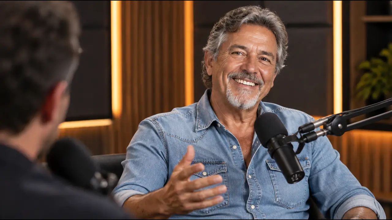 Juca Valente de volta ao podcast, sorrindo
