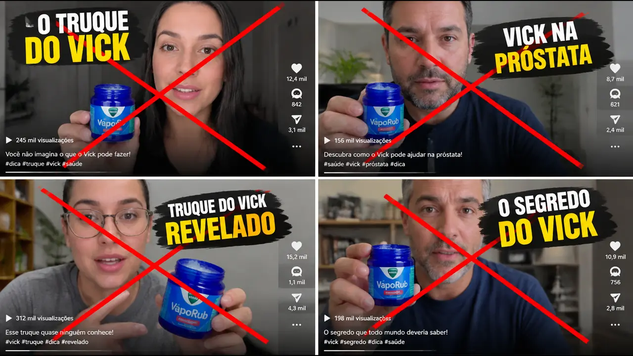 Montagem de vídeos nas redes com versões do truque do Vick, marcadas com X vermelho