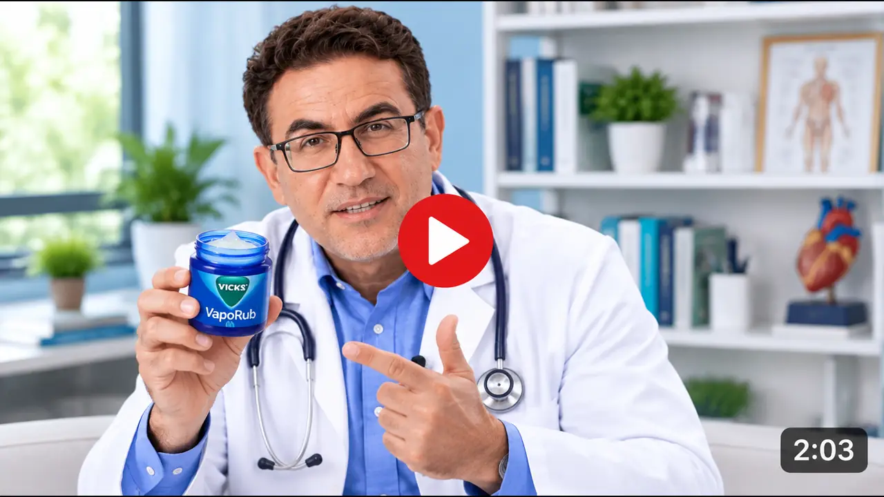 Dr. Tiago Rocha segurando um pote de Vick aberto, com botão de play